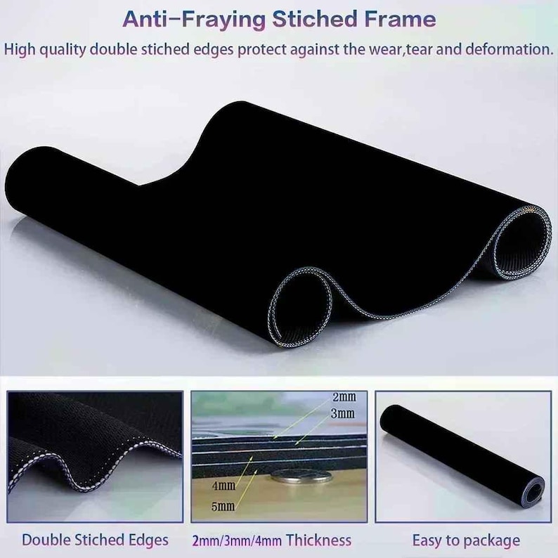 May include: Black mouse pad with double stitched edges to prevent fraying. The mouse pad is 2mm, 3mm, or 4mm thick.  The mouse pad is rolled up for easy packaging.