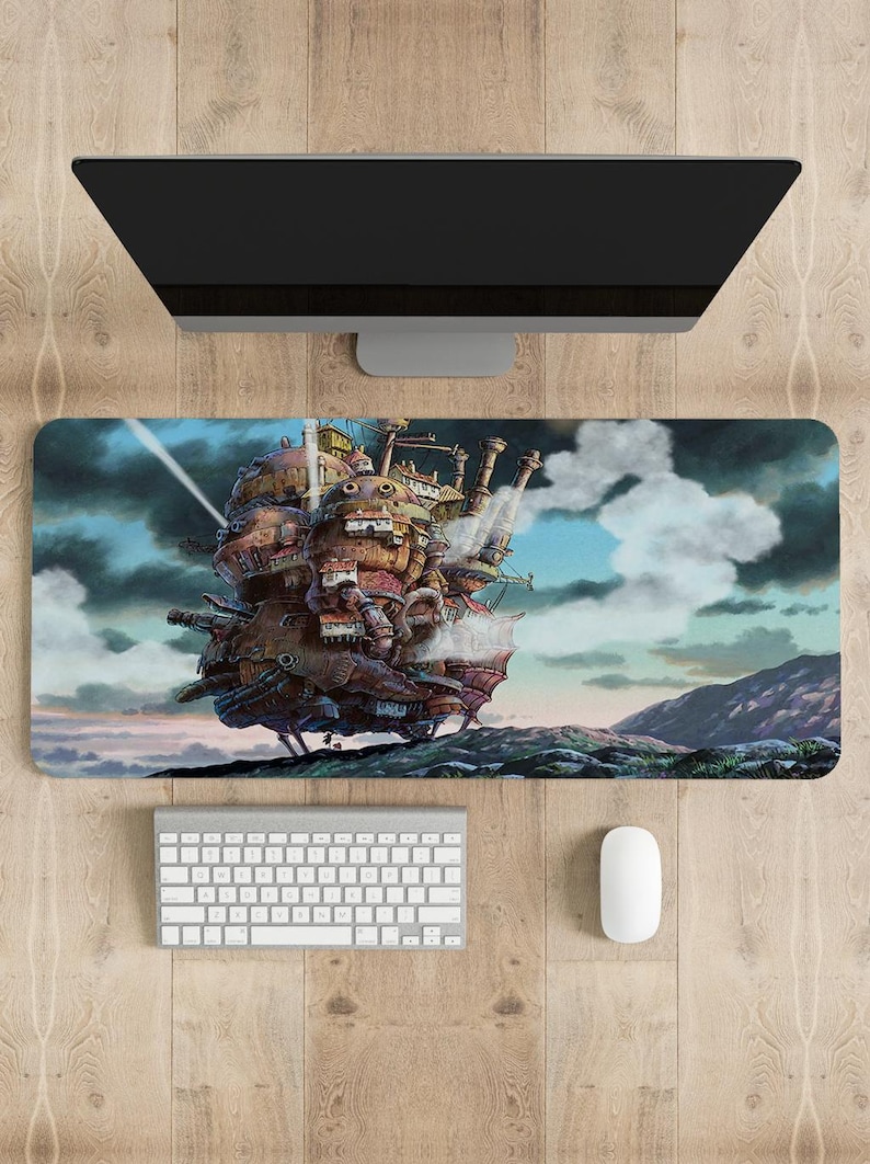 May include: A large, detailed, brown and gray flying machine with multiple chimneys and windows, flying over a landscape of mountains and clouds. The machine is emitting smoke from its chimneys.