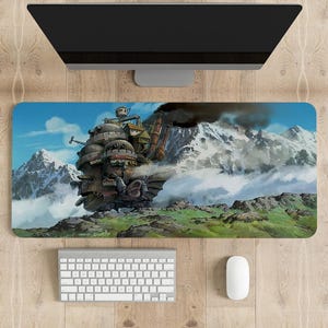 May include: A colorful anime-style illustration of a flying steampunk-style house with a large, dark, smoky plume rising from its chimney. The house is flying over a snowy mountain range with a green grassy field in the foreground.