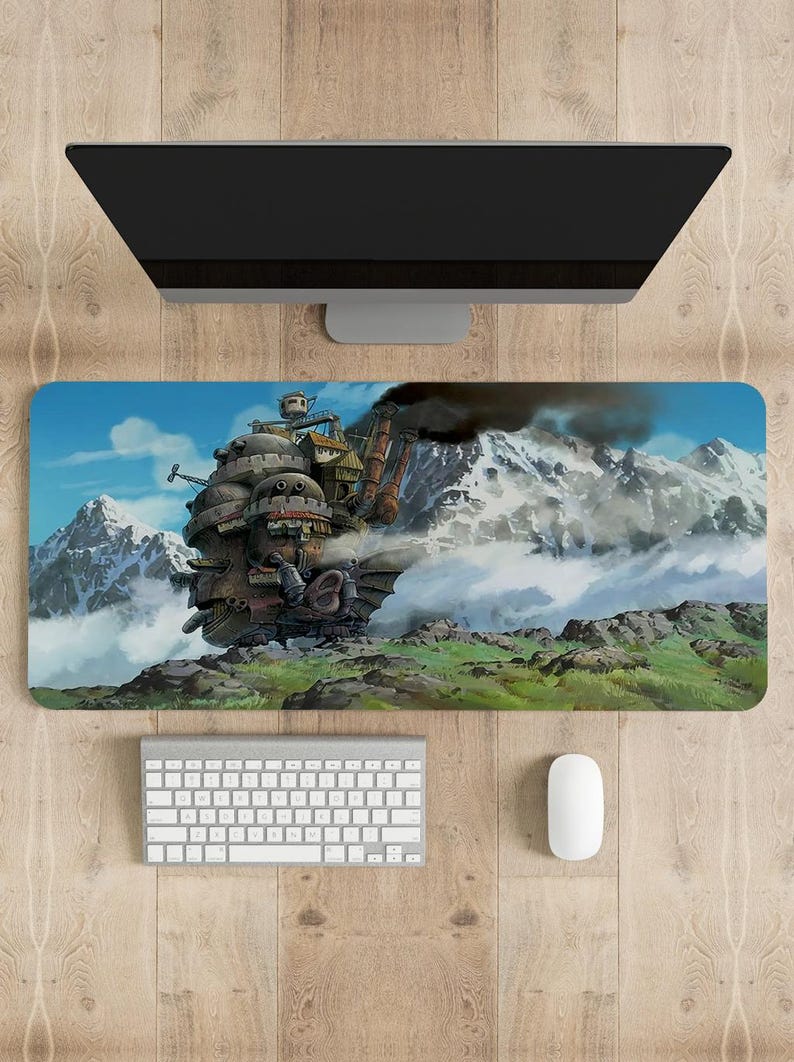 May include: A colorful anime-style illustration of a flying steampunk-style house with a large, dark, smoky plume rising from its chimney. The house is flying over a snowy mountain range with a green grassy field in the foreground.