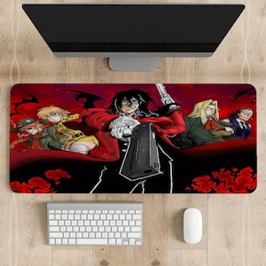 May include: A black and red anime-style mousepad featuring a group of characters from the anime series "Hellsing". The characters are standing in front of a red background with black floral designs. The main character, Alucard, is holding a gun and has a menacing expression.
