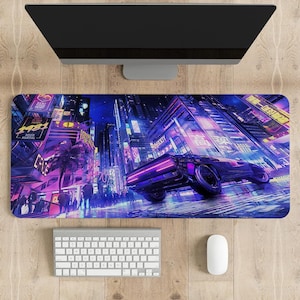 Cyberpunk City Desk Mat | Futuristic Sci-Fi Mouse Pad | Large Desk Pad | Gamer Desk Decor
