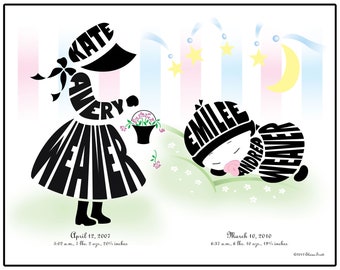 Personalized Big Sister to Baby Girl or Baby Boy Print, Sisters Brother Silhoutte Name Art, Baby Shower Gift