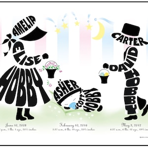 Personalized Big Sister, Little Brother with Baby Sister or Baby Brother Print, Silhouette Art for Brothers and Sisters