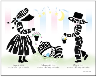 Personalized Big Sister, Little Brother with Baby Sister or Baby Brother Print, Silhouette Art for Brothers and Sisters
