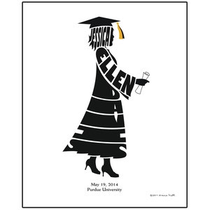 Personalized Female Graduate Print, College or High School Graduation Gift, Custom Silhouette Name Art