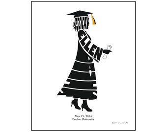 Personalized Female Graduate Print, College or High School Graduation Gift, Custom Silhouette Name Art