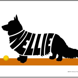 May include: Black silhouette of a dog with the name "WEllie" spelled out in its body. The dog is standing on a brown surface with a yellow ball in front of it.