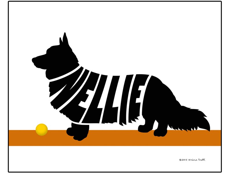 May include: Black silhouette of a dog with the name "WEllie" spelled out in its body. The dog is standing on a brown surface with a yellow ball in front of it.