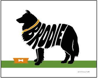 Personalized Collie Silhouette Print, New Puppy Gift, Collie Wall Art, Pet Memorial, Pet Loss Gift