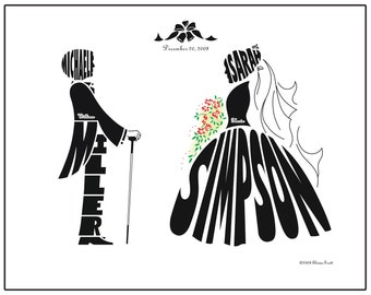 Personalized Wedding Silhouette Print, Bride and Groom Art, Anniversary Gift, Bridal Shower Gift, Wedding Gift, Wedding Decoration