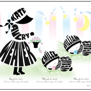Personalized Little Girl with Twin Baby Sisters or Brothers Print, Gift for Twin Baby Boys or Gift for Twin Baby Girls, Twin Nursery Decor