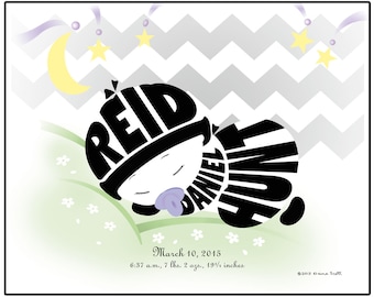 Personalized Baby Girl or Boy Silhouette Print: Chevron Nursery Decor, Birth Stats Wall Art