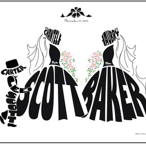 Personalized Wedding Print for Gay Lesbian Couple with Ring Bearer, 2 Brides and a Son, LBGTQ Wedding Gift
