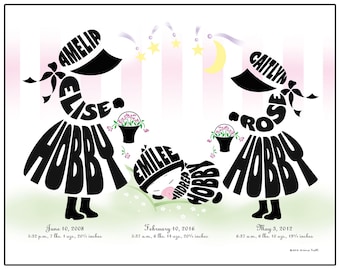 Personalized Big Sister, Little Sister with Baby Sister or Baby Brother Print, Silhouette of Brothers and Sisters