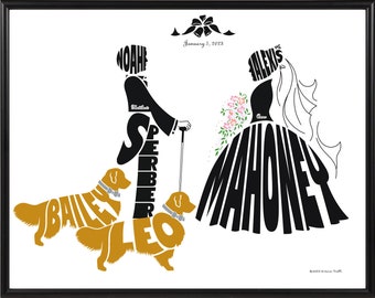 Personalized Bride and Groom with 2 Golden Retrievers Silhouette Print, Wedding Couple with Dogs, Custom Wedding Gift