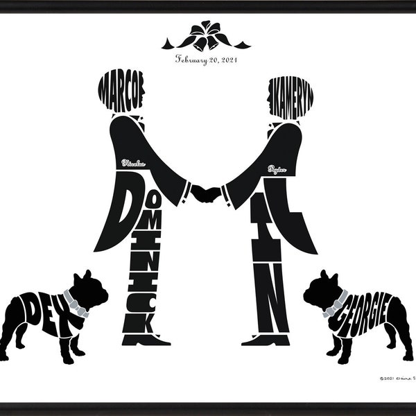 Personalized Wedding Print for Gay Couple Framed, Same-Sex with 2 Dogs, LGBTQ Engagement, Gift for Grooms