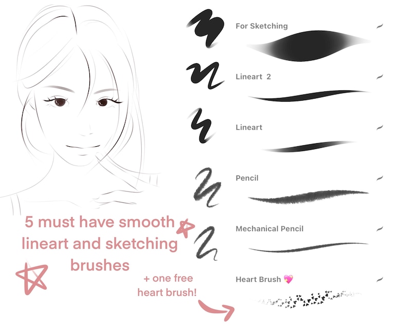 6 Brushes | Procreate Essential Smooth Lineart And Sketching Brush Set iPad, Character Portrait Illustration Brush Bundle, Procreat Brushes image 2