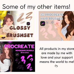 Peut inclure: Deux ensembles de pinceaux d'art num&eacute;rique pour l'application Procreate. Le premier ensemble s'appelle "Glossy Brushset" et pr&eacute;sente une palette de couleurs rose et marron. Le deuxi&egrave;me ensemble s'appelle "Procreate Rendering Bundle" et pr&eacute;sente une palette de couleurs noire et rose. Les deux ensembles pr&eacute;sentent une femme aux longs cheveux bruns en arri&egrave;re-plan.
