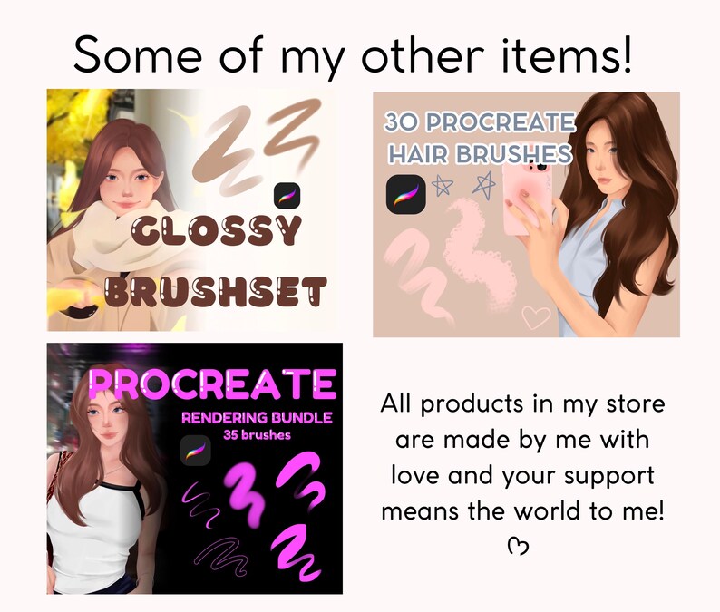 Peut inclure: Deux ensembles de pinceaux d'art num&eacute;rique pour l'application Procreate. Le premier ensemble s'appelle "Glossy Brushset" et pr&eacute;sente une palette de couleurs rose et marron. Le deuxi&egrave;me ensemble s'appelle "Procreate Rendering Bundle" et pr&eacute;sente une palette de couleurs noire et rose. Les deux ensembles pr&eacute;sentent une femme aux longs cheveux bruns en arri&egrave;re-plan.