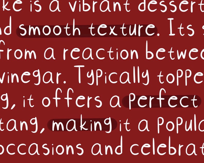 Pu&ograve; includere: Testo su sfondo rosso che descrive un dessert vibrante con una consistenza liscia. Il testo menziona che la consistenza del dessert deriva da una reazione tra aceto e qualcos'altro. Dice anche che il dessert &egrave; tipicamente guarnito con qualcosa che offre un tocco perfetto, rendendolo un dessert popolare per occasioni e celebrazioni.