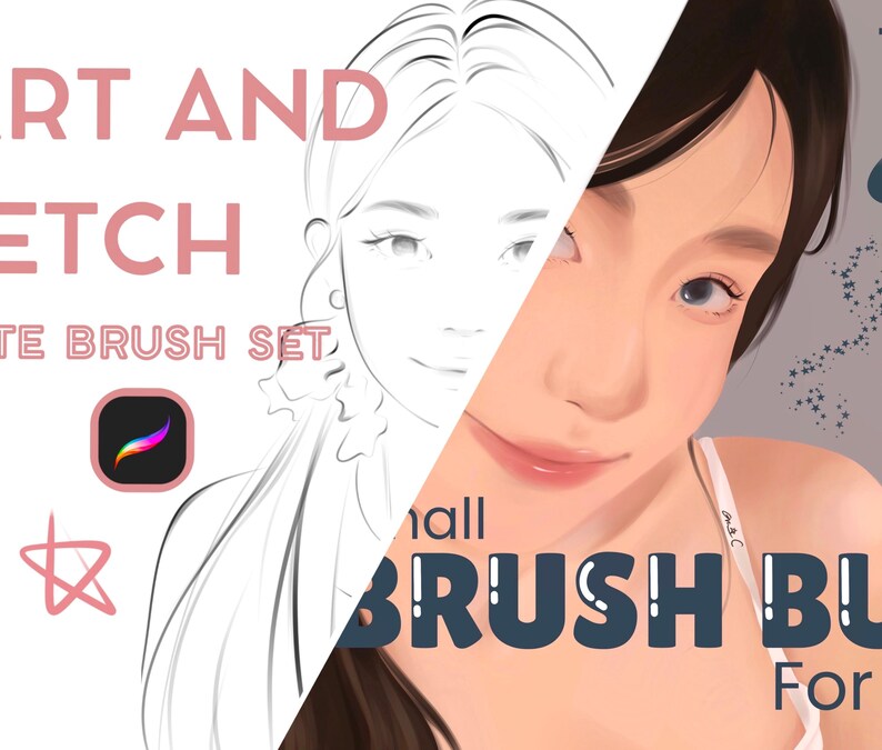 May include: A digital illustration of a woman's face with a line drawing of the same woman's face behind it. The text "Art and Sketch" is in pink and the text "Small Brush Bundle for Procreate" is in blue.