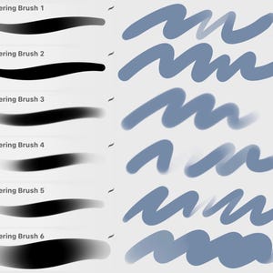 以下が含まれることがあります： 「Rendering Brush 1」から「Rendering Brush 6」とラベル付けされたデジタルアートブラシとストロークの例。ブラシは不透明度とエッジの柔らかさが異なり、青灰色の波状のストロークがあります。背景は白です。