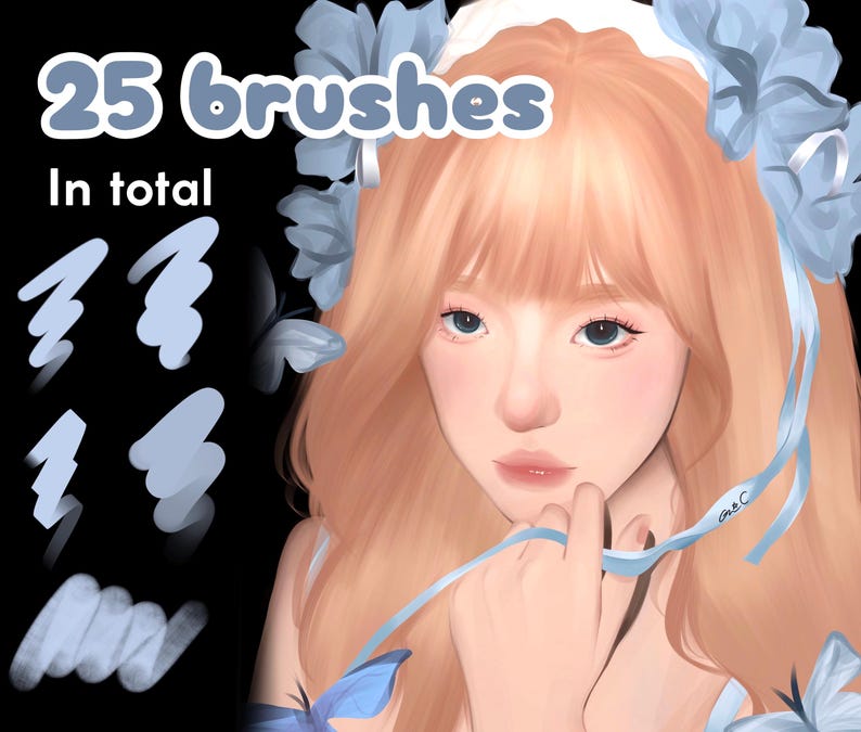 以下が含まれることがあります： デジタルアートイラスト。桃色の髪と青いアクセントの女性が描かれています。画像には「25 brushes In total」というテキストとブラシストロークの例が含まれています。女性は青いリボンと花の冠を身に着けています。