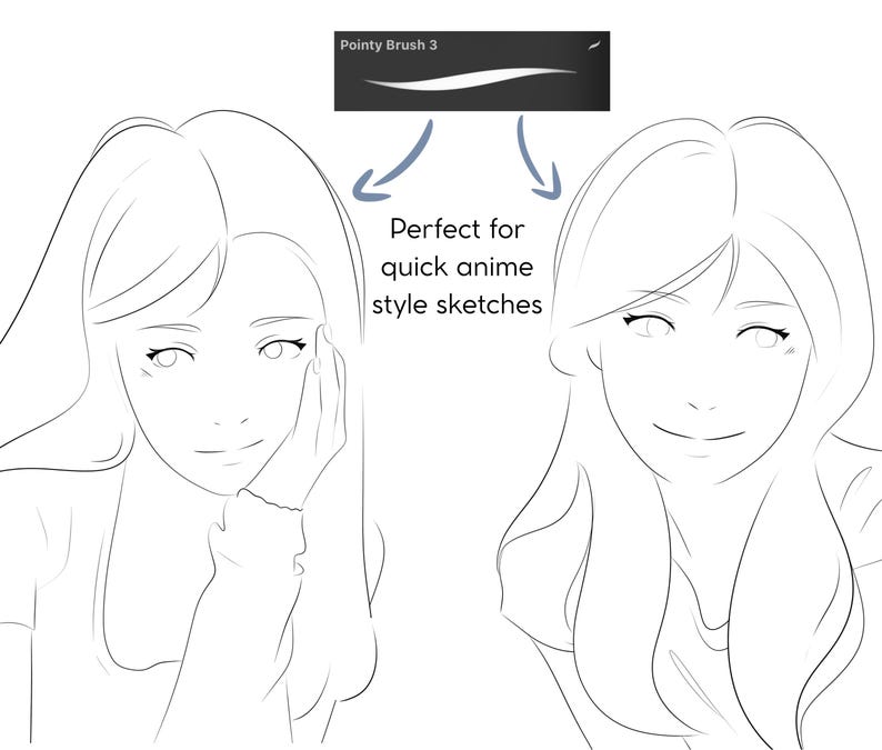 以下が含まれることがあります： 長い髪の毛を持つ、2つのアニメスタイルの女性の顔の線画。画像には「Pointy Brush 3」というテキストと「Perfect for quick anime style sketches」というフレーズが含まれています。