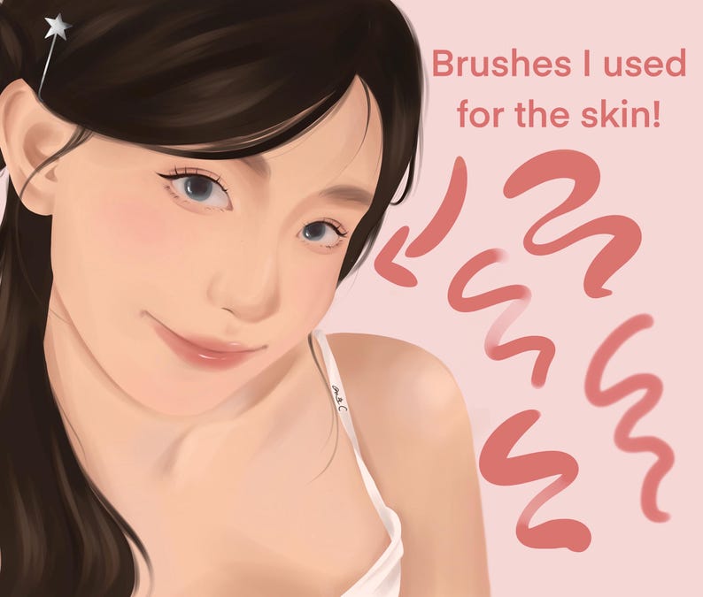 May include: A digital illustration of a woman with long dark hair, wearing a white tank top. The image includes the text "Brushes I used for the skin!" and several pink brush strokes.