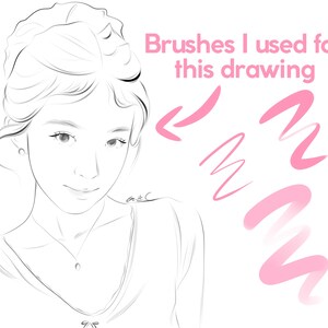 Peut inclure: Un dessin au trait noir et blanc d'une femme avec les cheveux tir&eacute;s en arri&egrave;re. Le texte "Brushes I used for this drawing" est &eacute;crit en rose au-dessus de la t&ecirc;te de la femme. Des coups de pinceau roses sont repr&eacute;sent&eacute;s &agrave; droite de la t&ecirc;te de la femme.