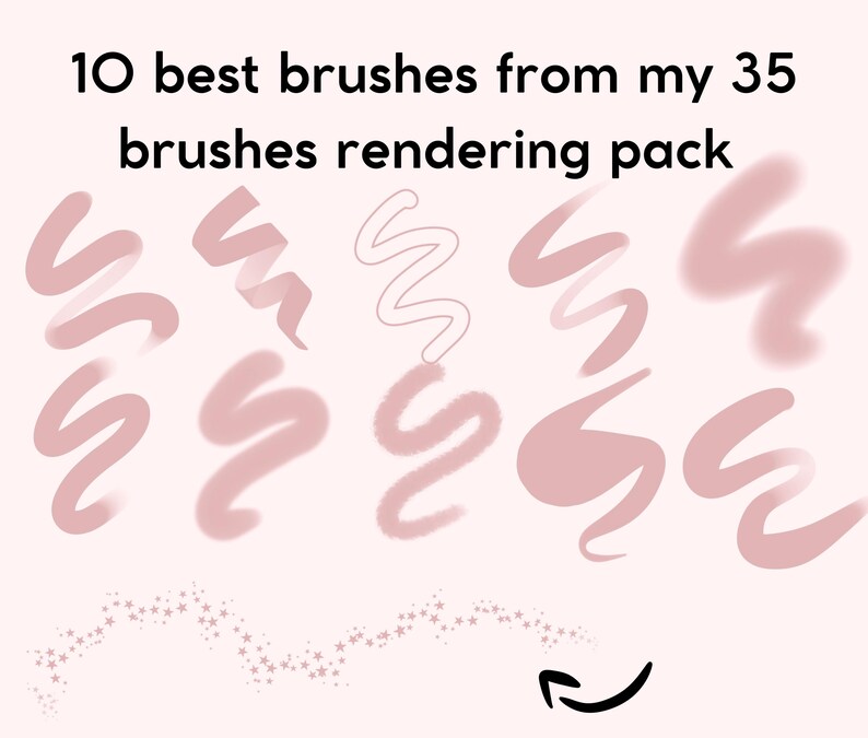 May include: A collection of 10 pink brush strokes, showcasing different brush textures and styles. The brush strokes are arranged in a row, with a few overlapping. The image also includes a trail of small white stars and a black arrow pointing to the right.