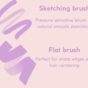 May include: Two purple brush strokes on a pink background. The top stroke is a curved line with a description of a sketching brush. The bottom stroke is a straight line with a description of a flat brush.