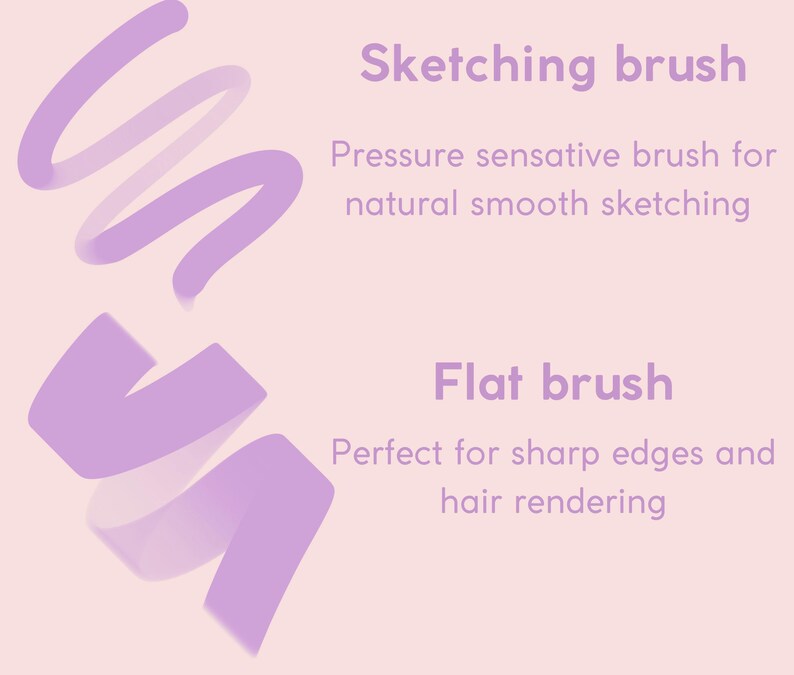 May include: Two purple brush strokes on a pink background. The top stroke is a curved line with a description of a sketching brush. The bottom stroke is a straight line with a description of a flat brush.