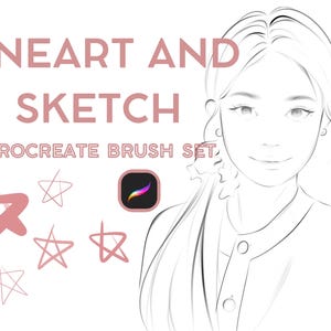 May include: Line art and sketch Procreate brush set. The image shows a woman's face with a simple line art style, a Procreate logo, and several pink stars.