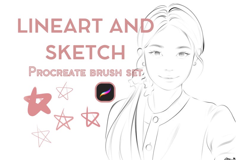 May include: Line art and sketch Procreate brush set. The image shows a woman's face with a simple line art style, a Procreate logo, and several pink stars.