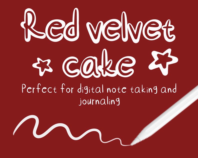Pu&ograve; includere: Testo bianco scritto a mano su sfondo rosso che recita "Red velvet cake" con due stelle su entrambi i lati della parola "cake". Il testo "Perfect for digital note taking and journaling" &egrave; sotto il testo della torta. Uno stilo bianco &egrave; disegnato nella parte inferiore dell'immagine.