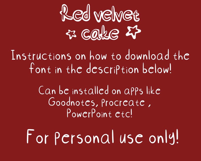 Pu&ograve; includere: Grafica di font per torta di velluto rosso con istruzioni su come scaricare il font nella descrizione sottostante. Il font pu&ograve; essere installato su app come Goodnotes, Procreate, PowerPoint, ecc. Solo per uso personale.
