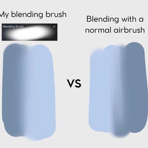 以下が含まれることがあります： ブレンディングブラシと通常のエアブラシでのブレンディングの違いを示す比較画像。「My blending brush」と「Blending with a normal airbrush」のテキストが2つの青い図形の上に表示されています。中央には「VS」の文字があります。