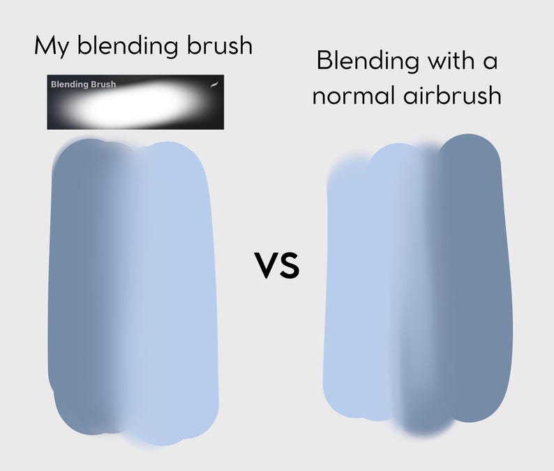 以下が含まれることがあります： ブレンディングブラシと通常のエアブラシでのブレンディングの違いを示す比較画像。「My blending brush」と「Blending with a normal airbrush」のテキストが2つの青い図形の上に表示されています。中央には「VS」の文字があります。
