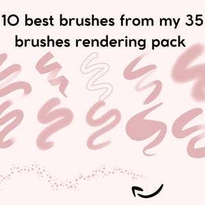 May include: A collection of 10 best brushes from a 35 brush rendering pack. The brushes are shown in pink and white on a pink background. The brushes are used for digital art and design.