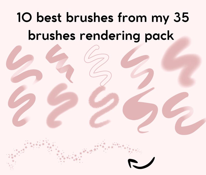 May include: A collection of 10 best brushes from a 35 brush rendering pack. The brushes are shown in pink and white on a pink background. The brushes are used for digital art and design.