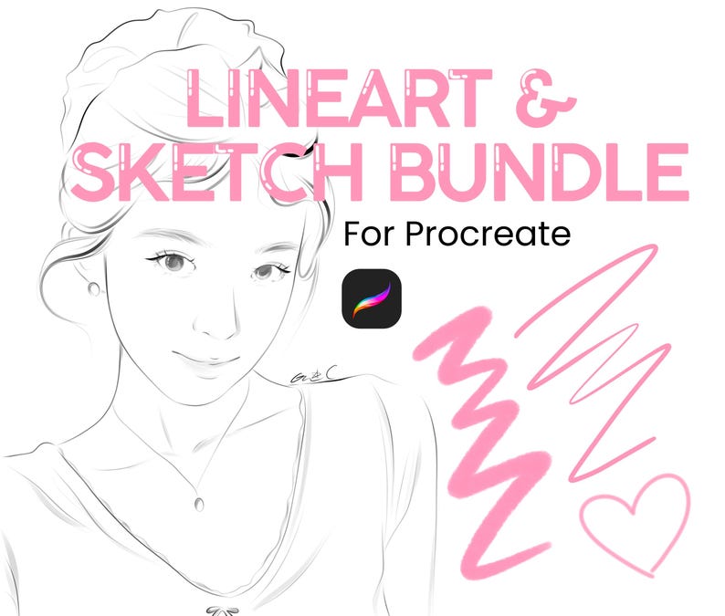Peut inclure: Ensemble de pinceaux de dessin au trait et d'esquisse pour l'application Procreate. L'image montre un dessin au trait noir et blanc du visage et des &eacute;paules d'une femme. Le texte "LINEART & SKETCH BUNDLE" est en lettres roses. Le texte "For Procreate" est &eacute;galement en lettres roses. Il y a des traits de pinceau de dessin au trait roses dans le coin inf&eacute;rieur droit de l'image.