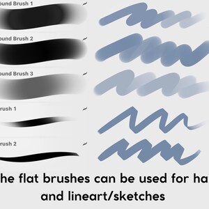 以下が含まれることがあります： デジタルアートブラシの例を示す画像。さまざまな不透明度と線幅の「Big Round Brush」と「Flat Brush」の例が含まれています。テキストは、フラットブラシが髪と線画/スケッチに適していることを示しています。