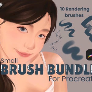 May include: A digital illustration of a woman with long dark hair, wearing a white tank top. The image is a product advertisement for a set of 10 rendering brushes for Procreate, called "Small Brush Bundle".