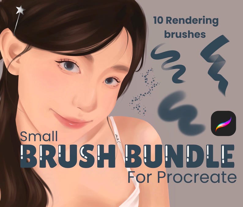 May include: A digital illustration of a woman with long dark hair, wearing a white tank top. The image is a product advertisement for a set of 10 rendering brushes for Procreate, called "Small Brush Bundle".