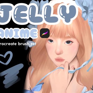 以下が含まれることがあります： 桃色の髪と青いアクセントを持つ女性のデジタルイラスト。 「JELLY ANIME」の文字がバブルフォントで表示され、その下に「Procreate brush set」と表示されています。 Procreateアプリのアイコンも表示されています。