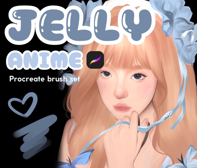 以下が含まれることがあります： 桃色の髪と青いアクセントを持つ女性のデジタルイラスト。 「JELLY ANIME」の文字がバブルフォントで表示され、その下に「Procreate brush set」と表示されています。 Procreateアプリのアイコンも表示されています。