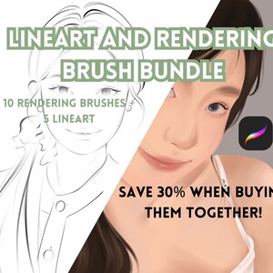 May include: A digital illustration of a woman's face with a line art drawing of the same woman on the left side of the image. The text "LINEART AND RENDERING BRUSH BUNDLE" is at the top of the image. The text "10 RENDERING BRUSHES + 5 LINEART" is below the title. The text "SAVE 30% WHEN BUYING THEM TOGETHER!" is at the bottom of the image.