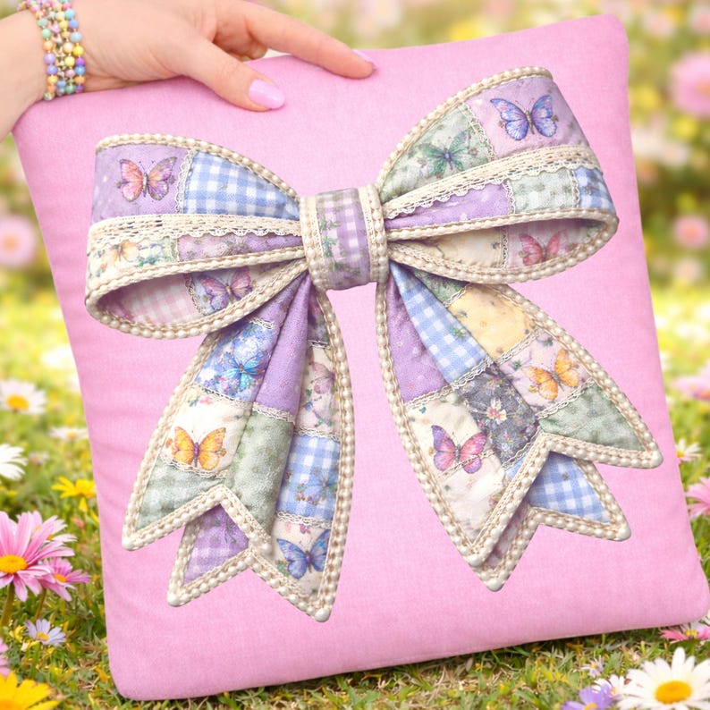 Spring Butterfly Patchwork Bow PNG, Pearl Bow Sublimation Digital Download image 5